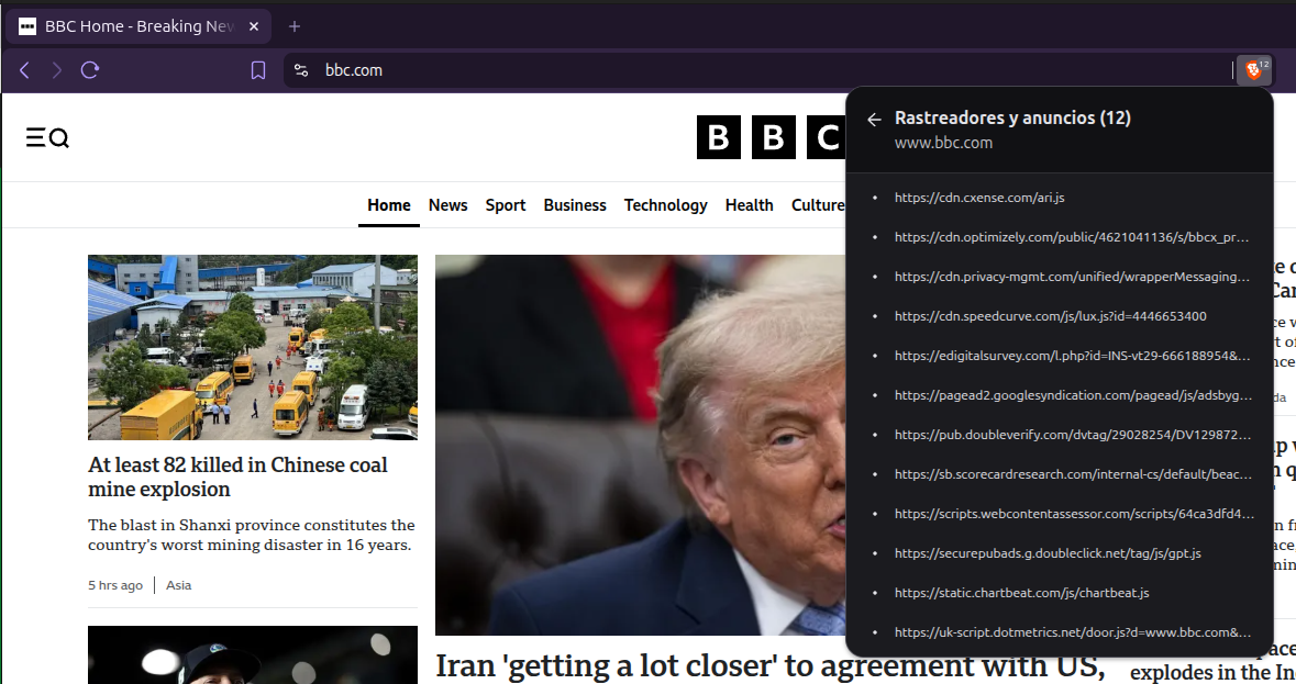 Panneau Brave Shields sur BBC.com indiquant 12 traceurs et publicités bloqués, dont Google Tag Manager et les endpoints GA4